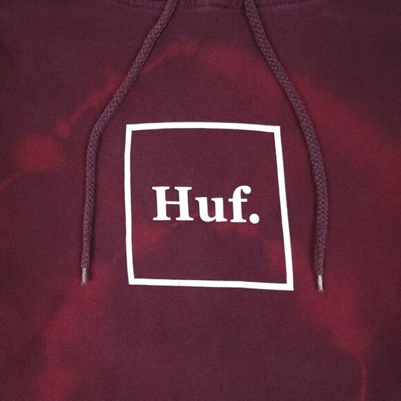 HUF Box Logo Hoodie Fleece Pullover Sweatshirt in Burgundy Tie Dye Mens Medium - Picture 5 of 8